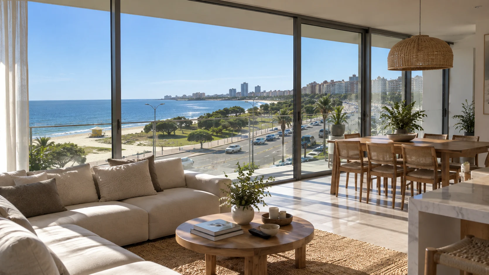 Séjour et salle à manger avec vue sur la plage et sur la silhouette de Punta del Este