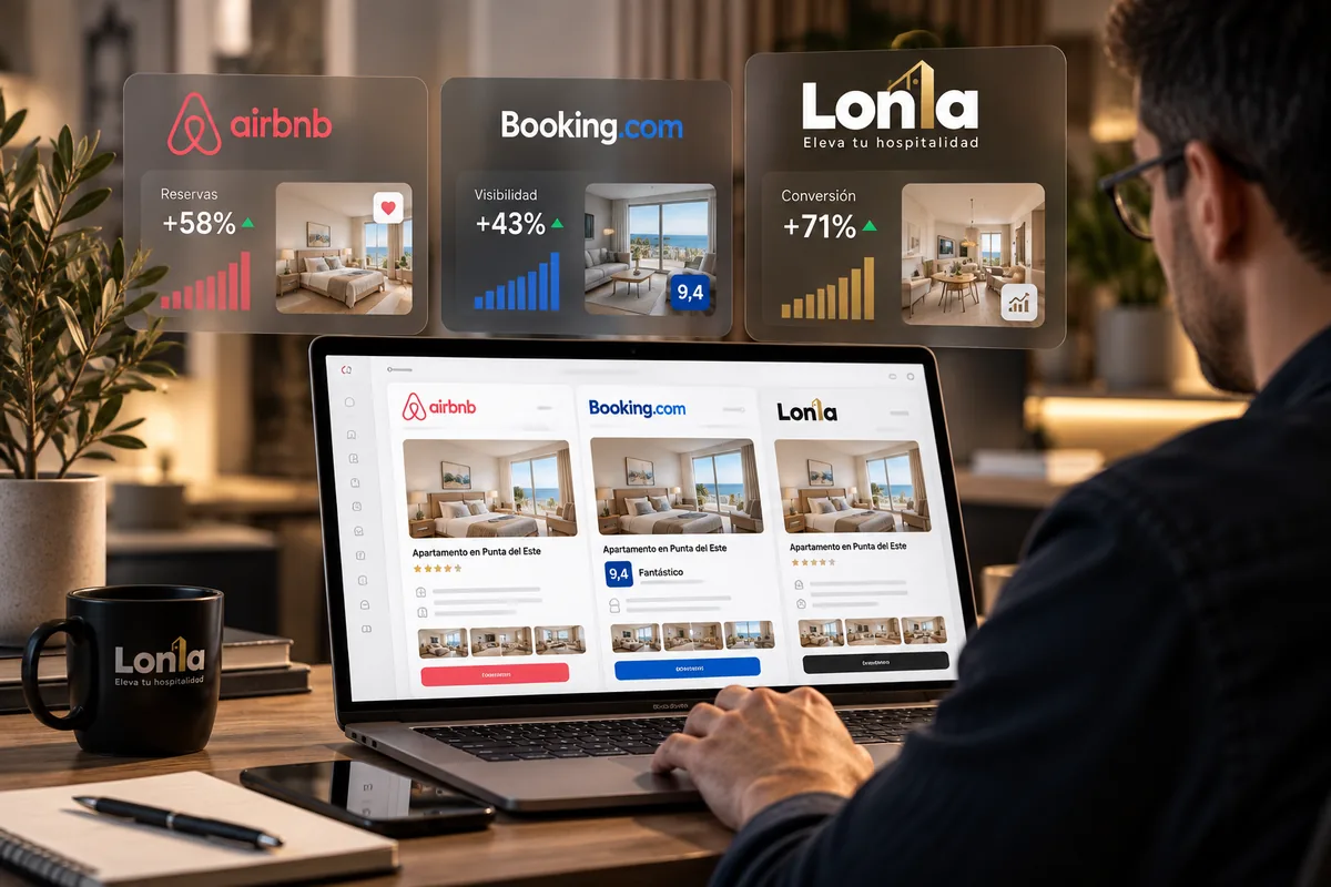 Comparación de un anuncio en Airbnb, Booking.com y Lonia, con métricas de mejora